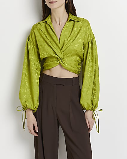 Lime floral twist front cropped top