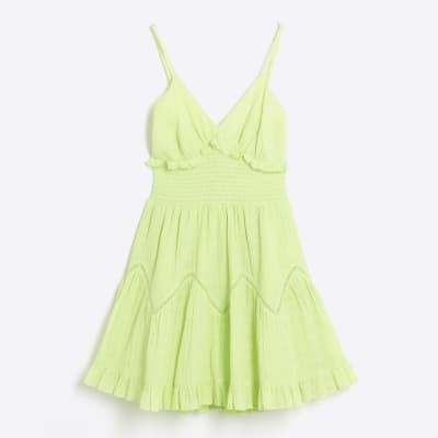green emerald velvet dress Rent River Island Lime Green Satin Cropped Bardot Top & Midi Skirt Co-Ord main image 0
