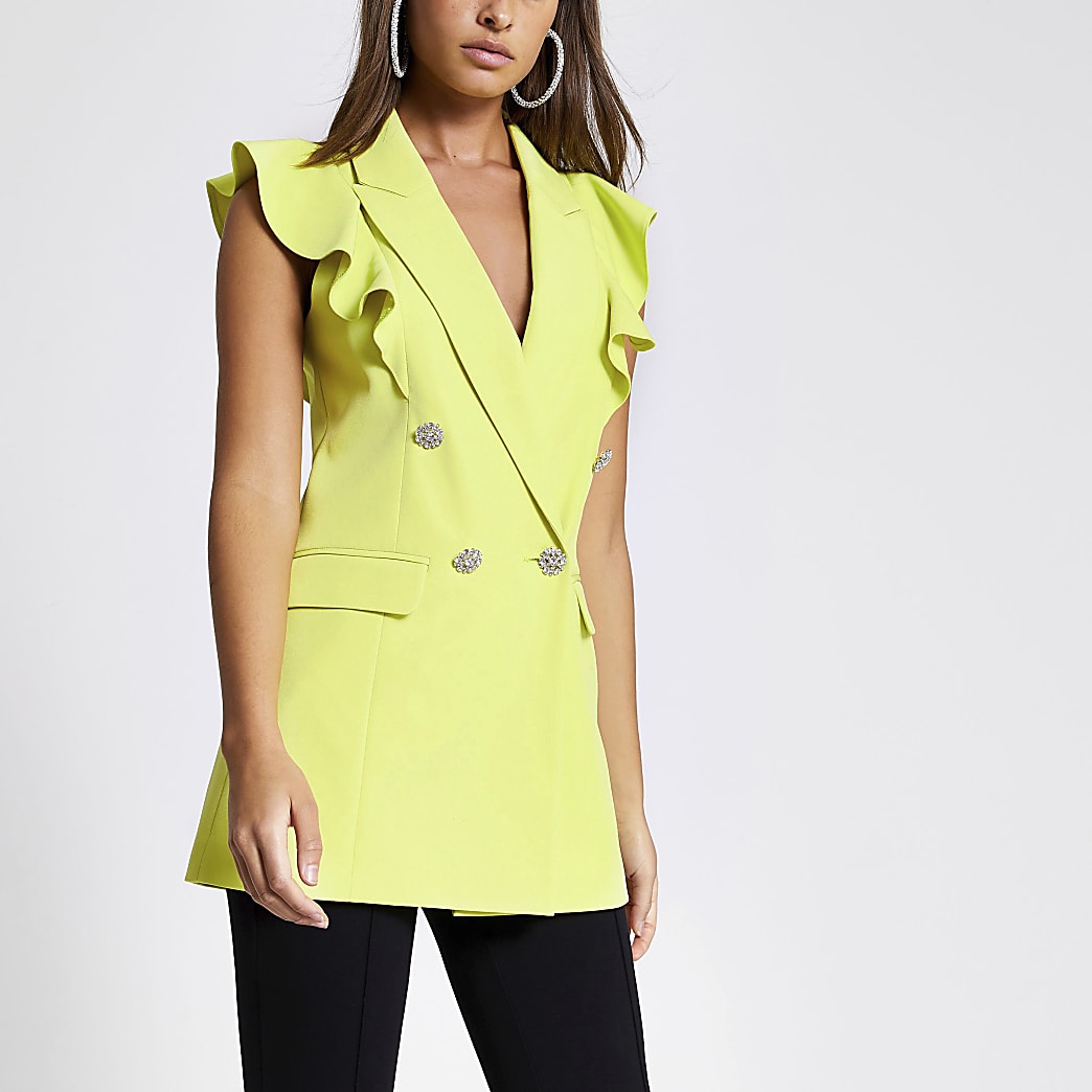 Lime frill sleeveless double breasted blazer | River Island