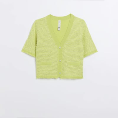 Lime green boucle short sleeve cardigan River Island