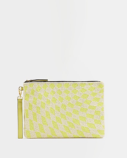 Lime green check beaded clutch bag