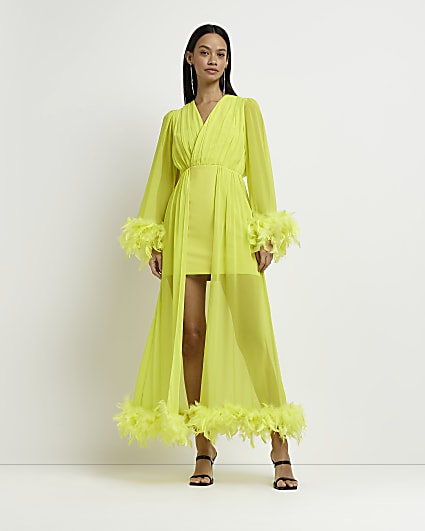 Lime green feather trim maxi dress