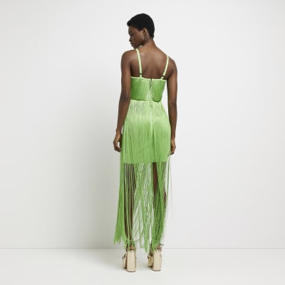 Lime green fringe mini bodycon dress River Island