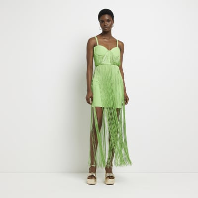 Lime green fringe mini bodycon dress River Island