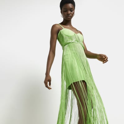 LIME GREEN FRINGE MINI BODYCON DRESS River Island