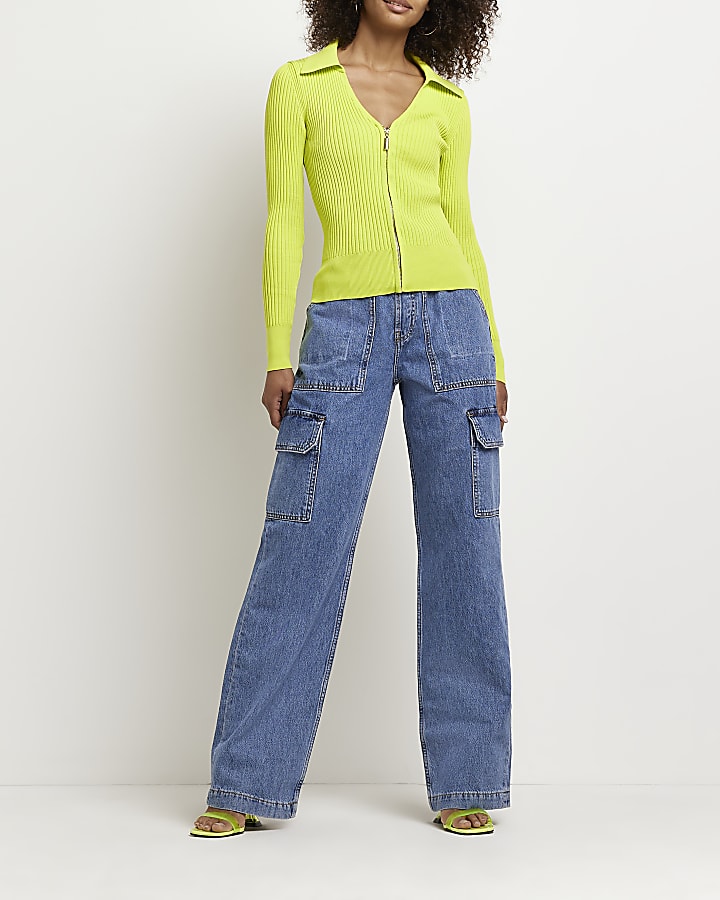 Lime green knitted zip up top