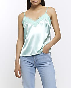 Lime green lace trim satin cami top