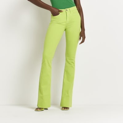 Lime green mid rise flared jeans 