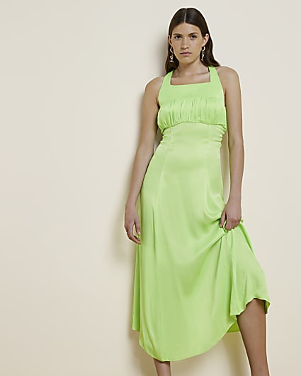 Lime green RI Studio Satin Ruched Midi Dress