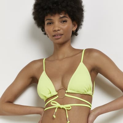 Lime green ring triangle bikini top River Island