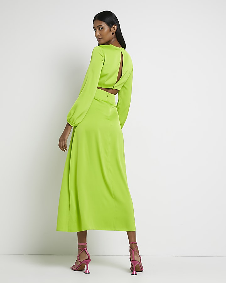 Lime green satin cut out maxi dress