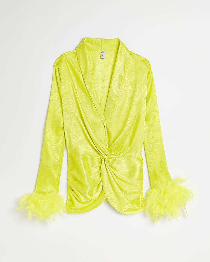 Lime green satin feather trim blouse