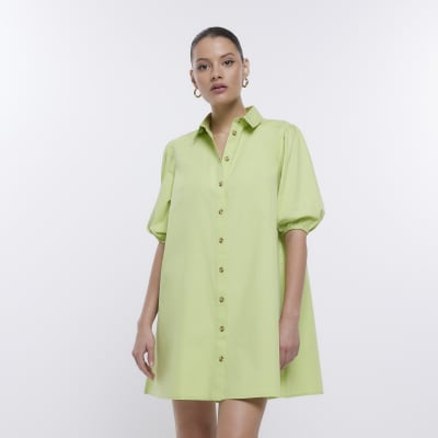 Lime green short sleeve mini shirt dress | River Island