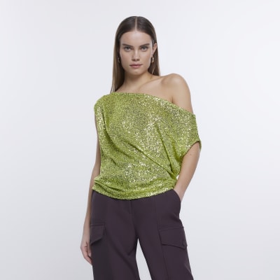 Lime Off Shoulder Sequin Blouse | River Island