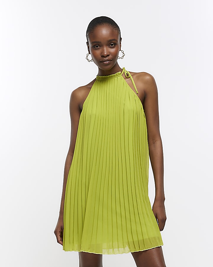 Lime pleated mini dress | River Island