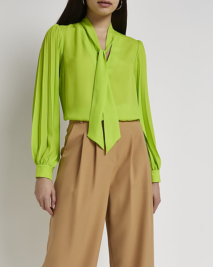 Lime pleated tie neck blouse