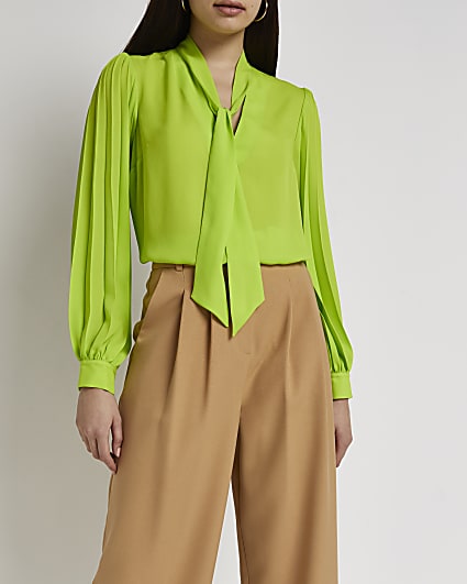 Lime pleated tie neck blouse