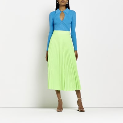 Lime plisse midi skirt