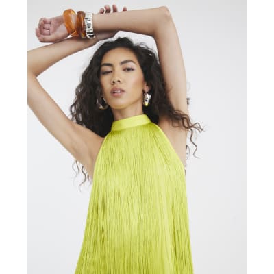 lime green fringe dress Seaweed Fringe Halter Midi Dress in Lime Green – Coconut & Caviar Fashion main image 0