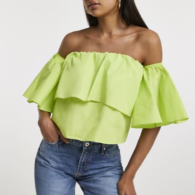 Lime Ruffle Bardot Top River Island