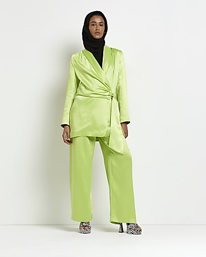 Lime satin wide leg pleated trousers