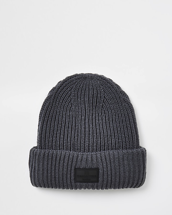 Maison dark grey knitted fisherman beanie hat