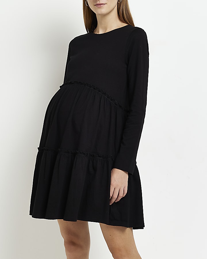 Maternity black long sleeve frill mini dress