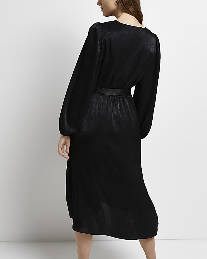Maternity black satin wrap midi dress