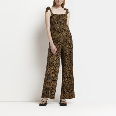 Maternity brown animal print shirred jumpsuit River Island