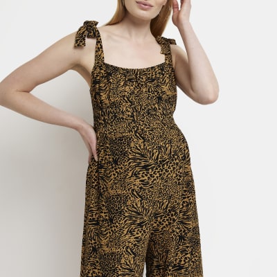 Maternity brown animal print shirred jumpsuit River Island