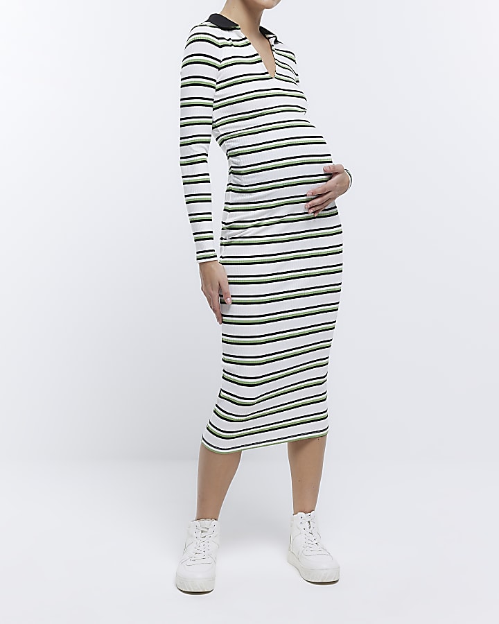 Maternity cream stripe long sleeve midi dress