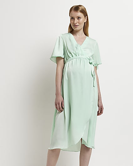 Maternity green satin wrap midi dress