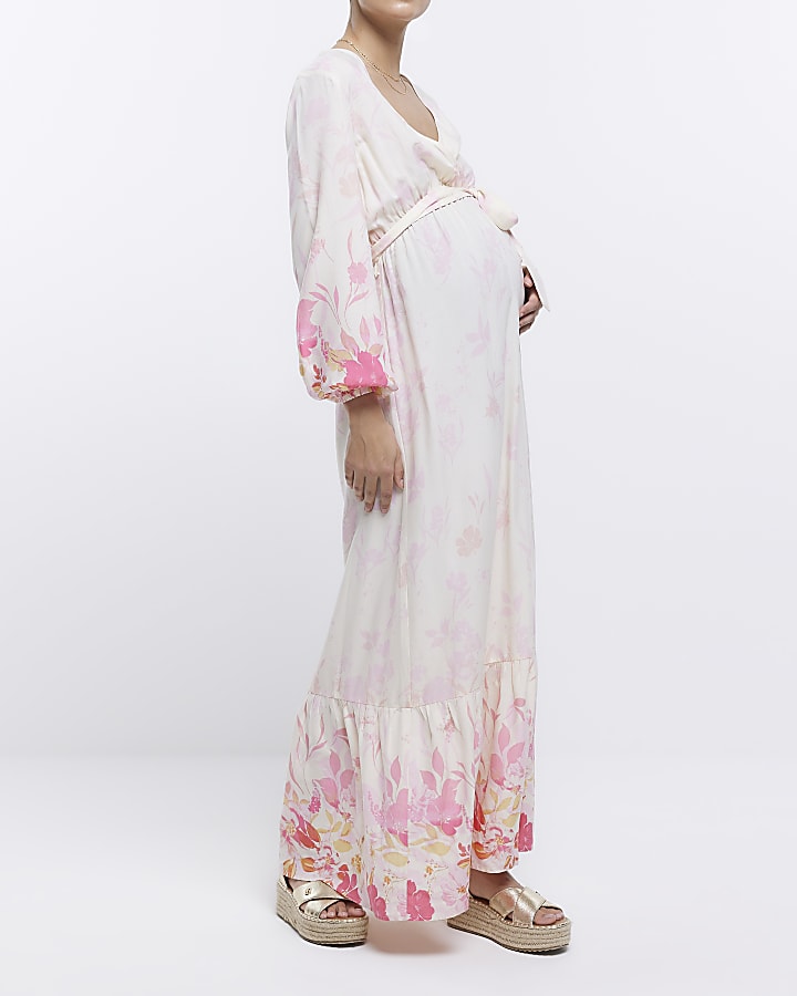 Maternity pink front wrap floral maxi Dress