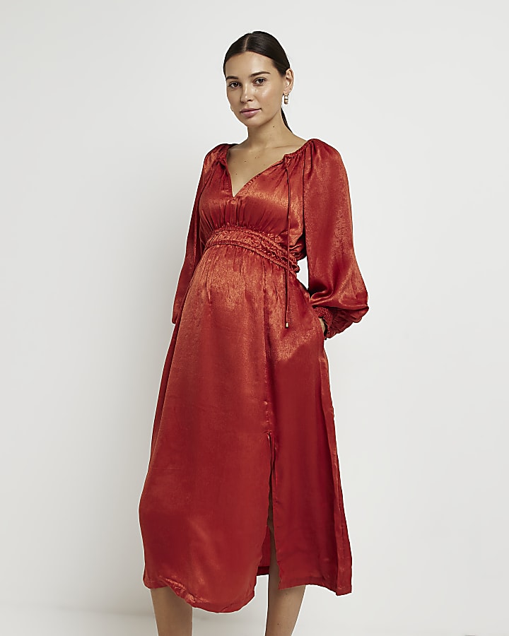 Maternity red long sleeve satin midi dress