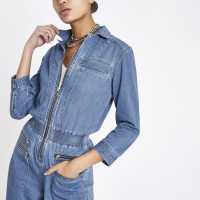 denim zip boiler suit