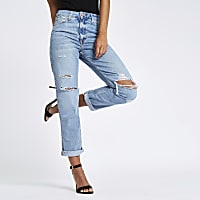 Mid blue high rise mom fit ripped jeans