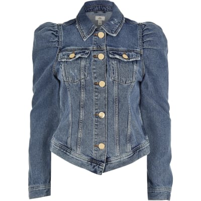 denim jacket with puff shoulders