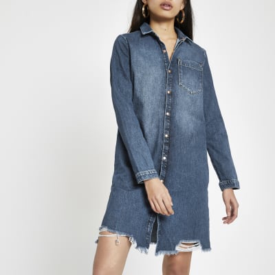 Mid blue ripped denim shirt dress