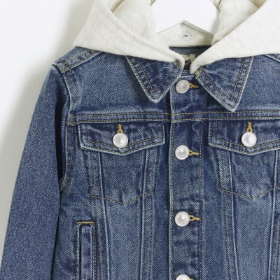 Mini blue hooded denim trucker jacket River Island