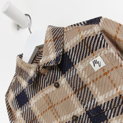 Mini Boys Beige Button Up Check Shacket