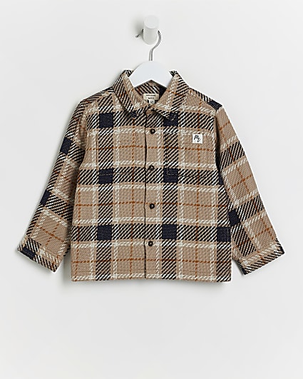 Mini Boys Beige Button Up Check Shacket