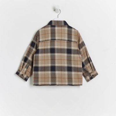 Mini Boys Beige Button Up Check Shacket