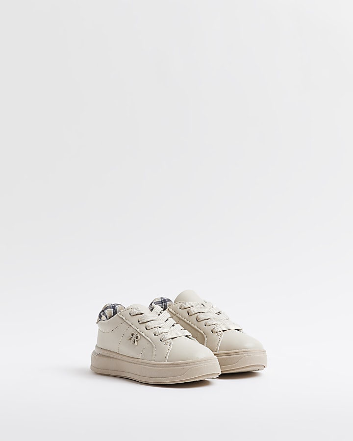 Mini boys Beige Check Lined Trainers