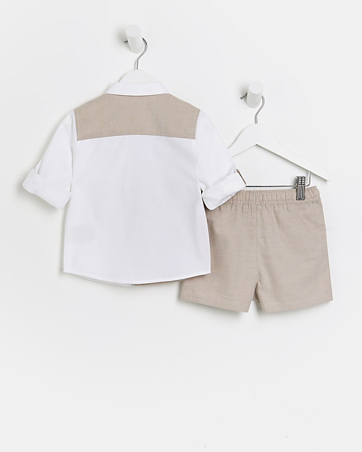 Mini boys beige colour blocked shirt outfit