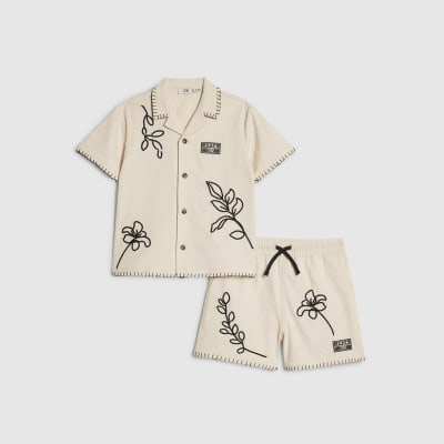 Mini Boys Beige Embroidered Swim Shorts Set