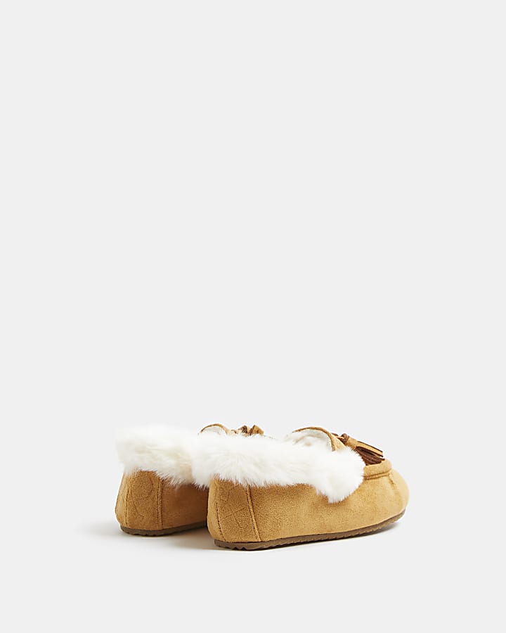 Mini boys beige faux fur slippers