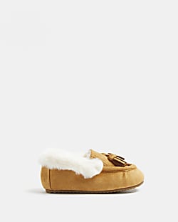 Mini boys beige faux fur slippers