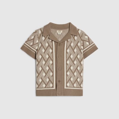 Mini Boys Beige Geometric Knitted Shirt