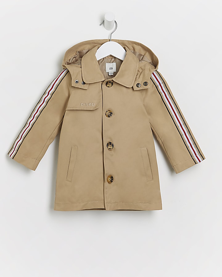 Mini boys beige stripe hooded trench coat