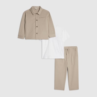 Mini Boys Beige Tailored 3 Piece Shirt Set